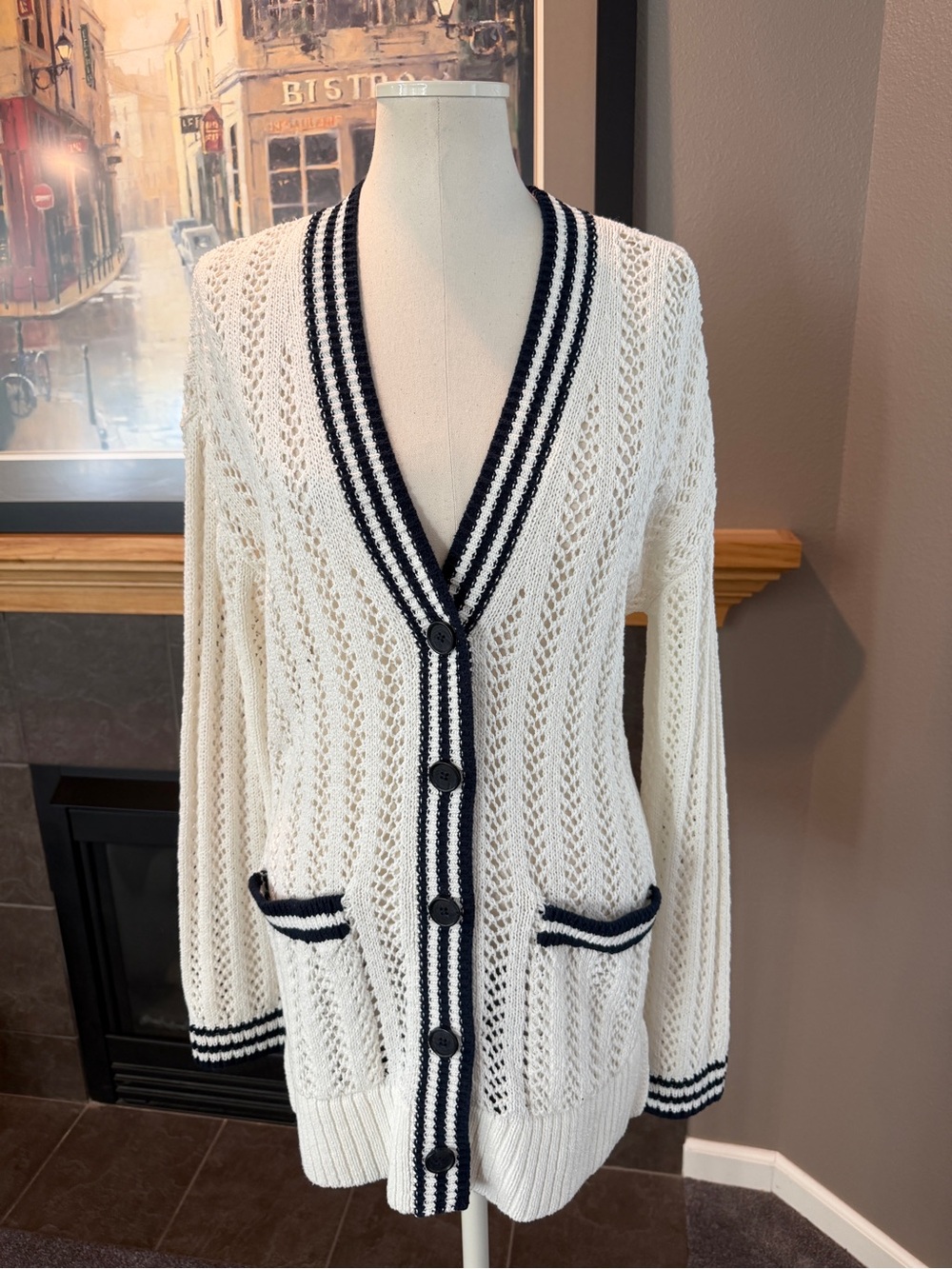 Lou & Grey Cream Open-Knit Cardigan with Navy Trim